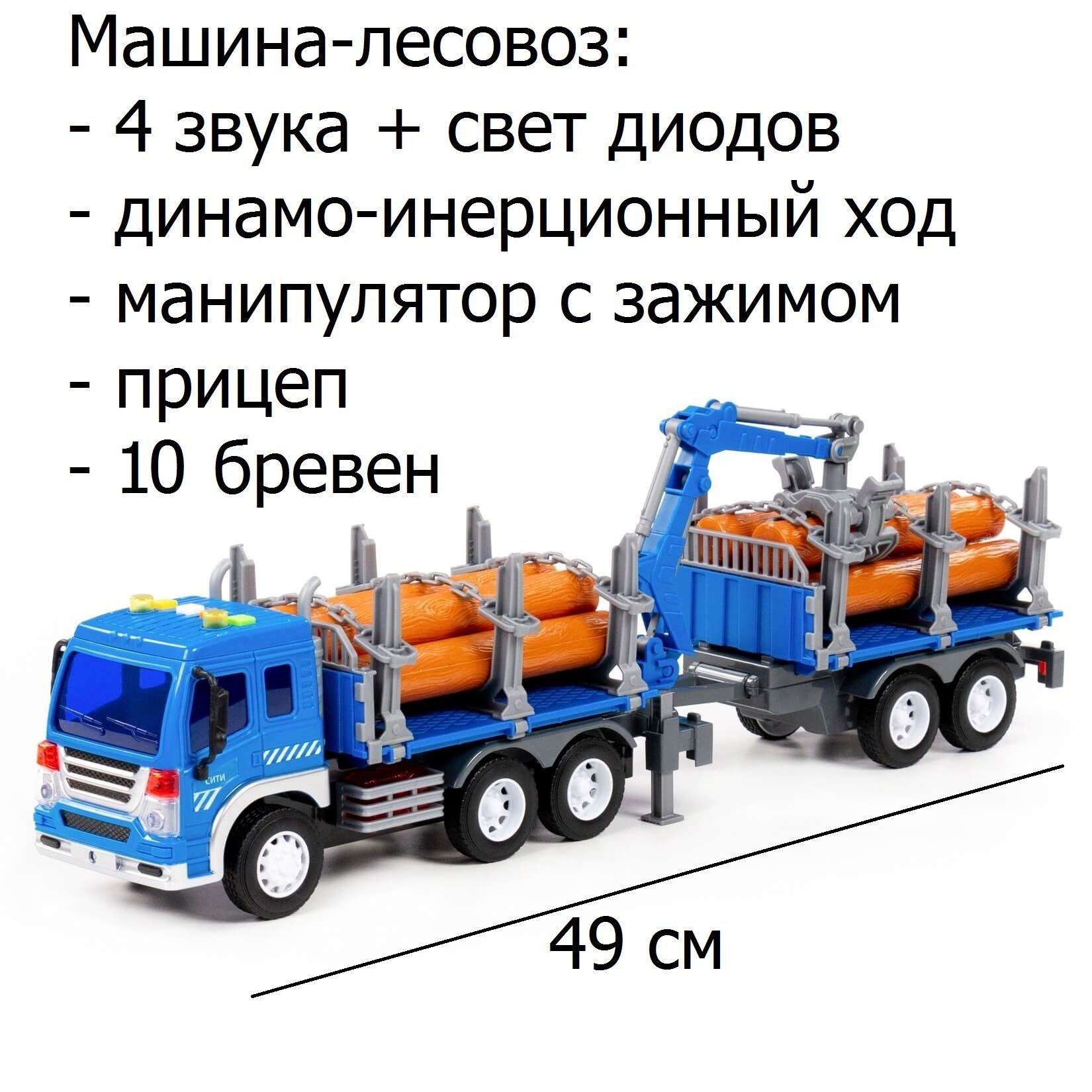 Лесовоз машина Сити с прицепом - 49 см (инерция, свет, звук, 10 бревен с  краном-манипулятором) синий