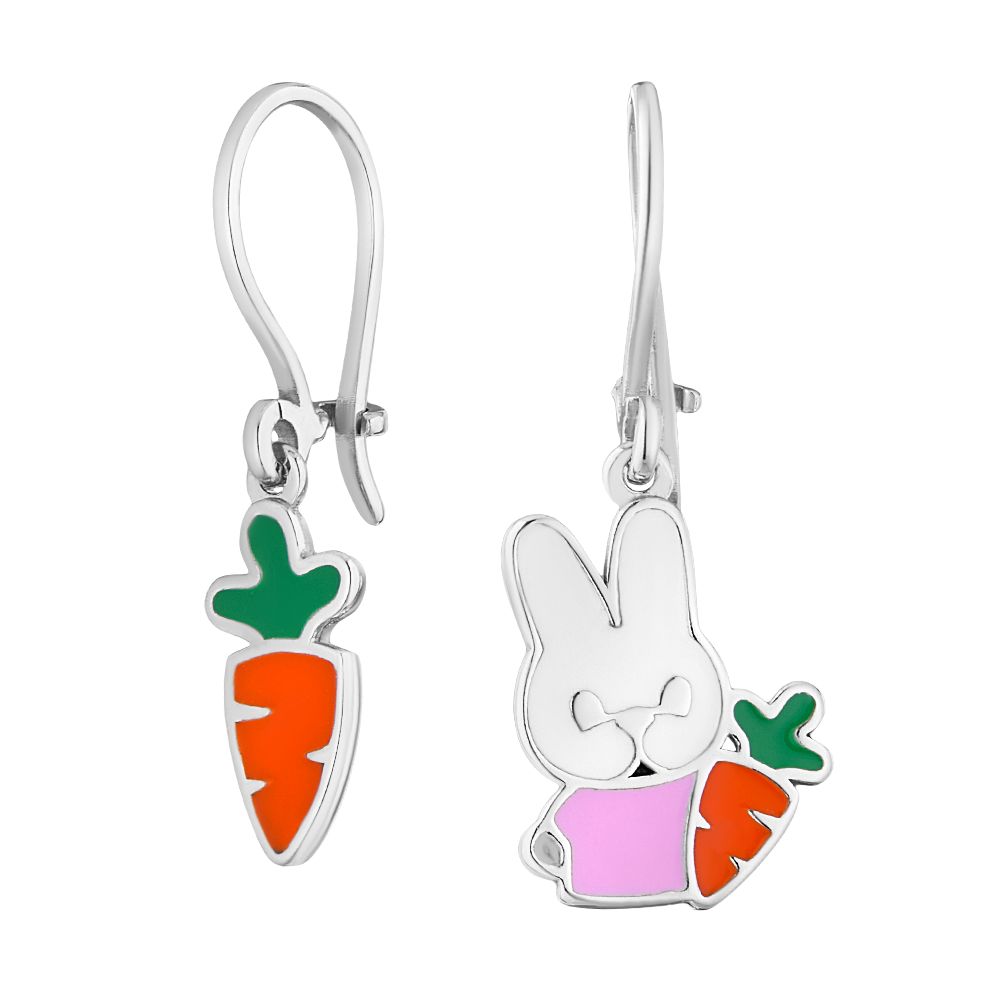 Серебряные ассиметричные серьги - гвоздики Кролик и Морковка