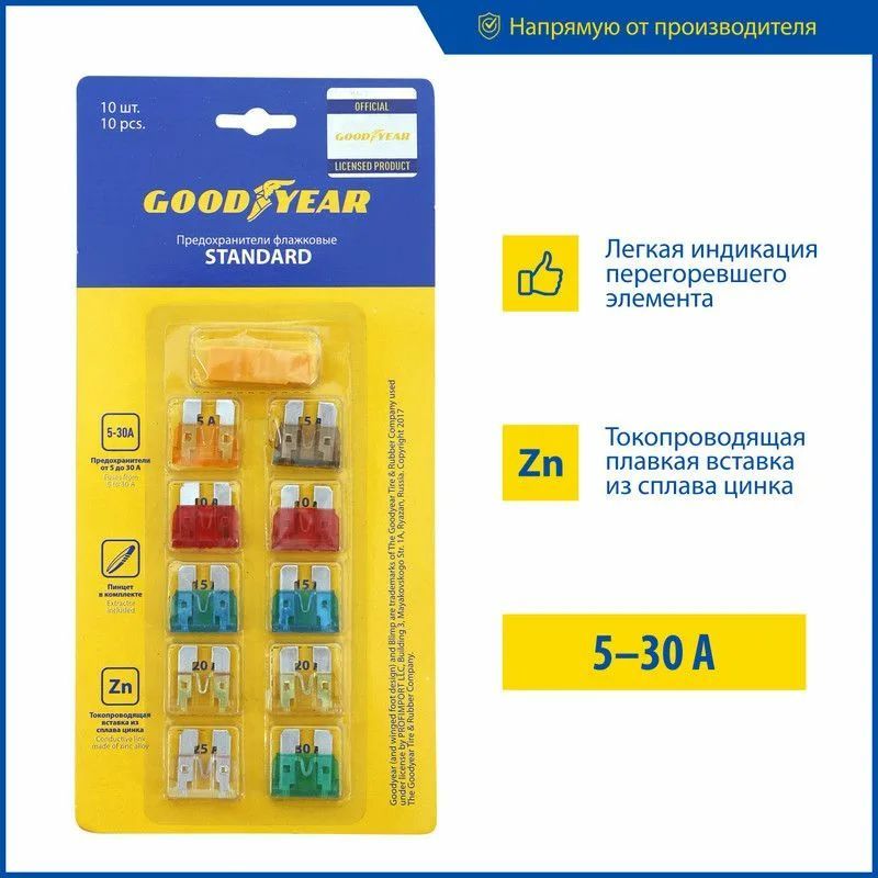 Gy003051 набор флажковых предохранителей Goodyear «мини» 10шт + экстрактор. Набор флажковых пластиковых предохранителей Goodyear «стандарт» 50шт (10а). Предохранитель флажковый комплект. Предохранители "стандарт" в блистере с экстрактором (10 шт. 5-30а) (afu-s-03).