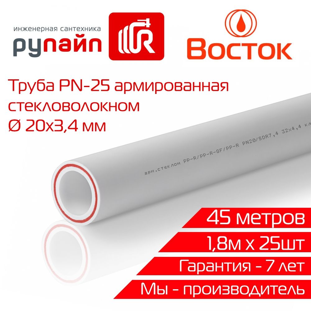 Труба полипропиленовая 20 х 3,4 мм, PN-25, армированная стекловолокном, 25  отрезков по 1,8 метра, Восток, белая - купить по выгодной цене в  интернет-магазине OZON (1044365174)