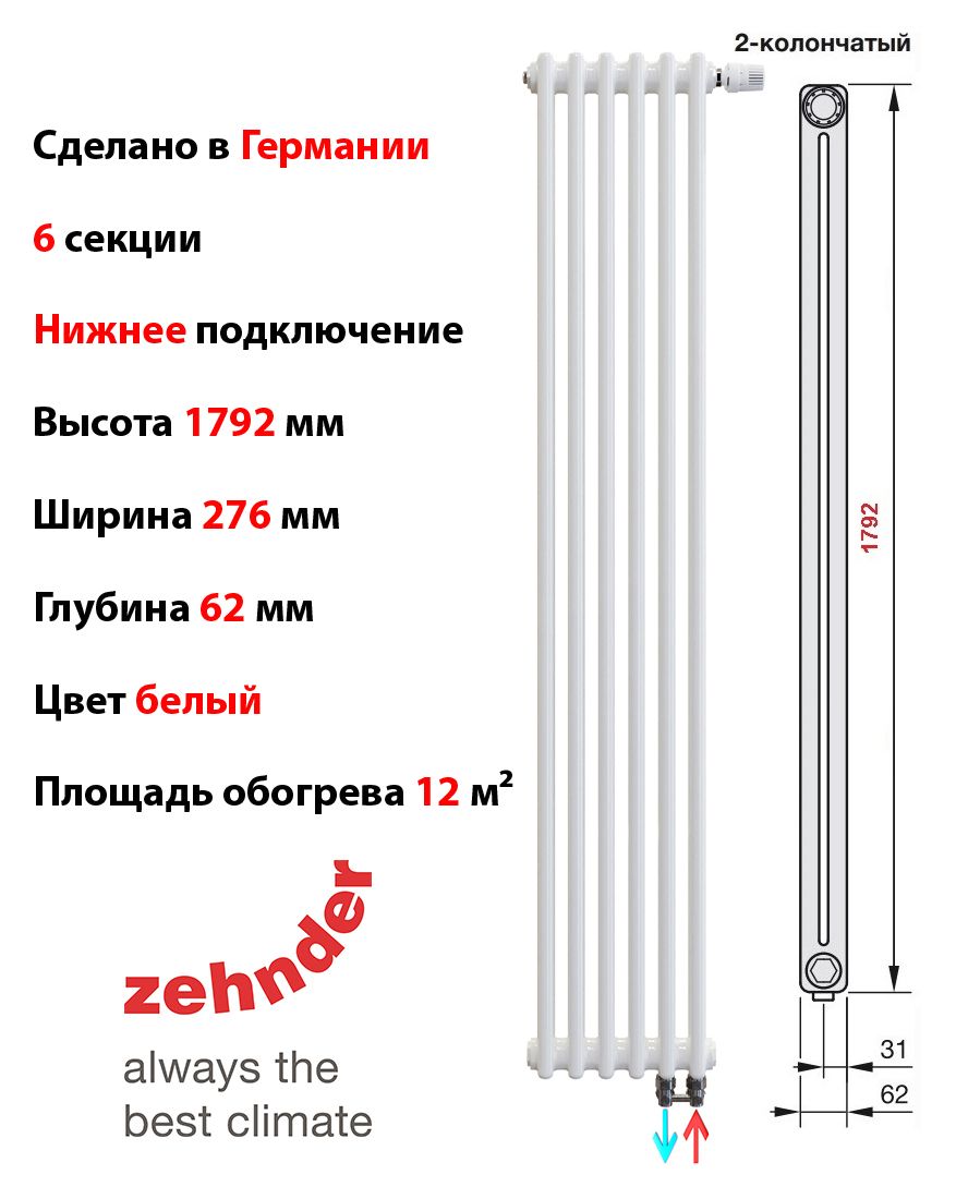 Трубчатый радиатор Zehnder Charleston_2180, 6 секц. купить по доступной  цене с доставкой в интернет-магазине OZON (300500038)