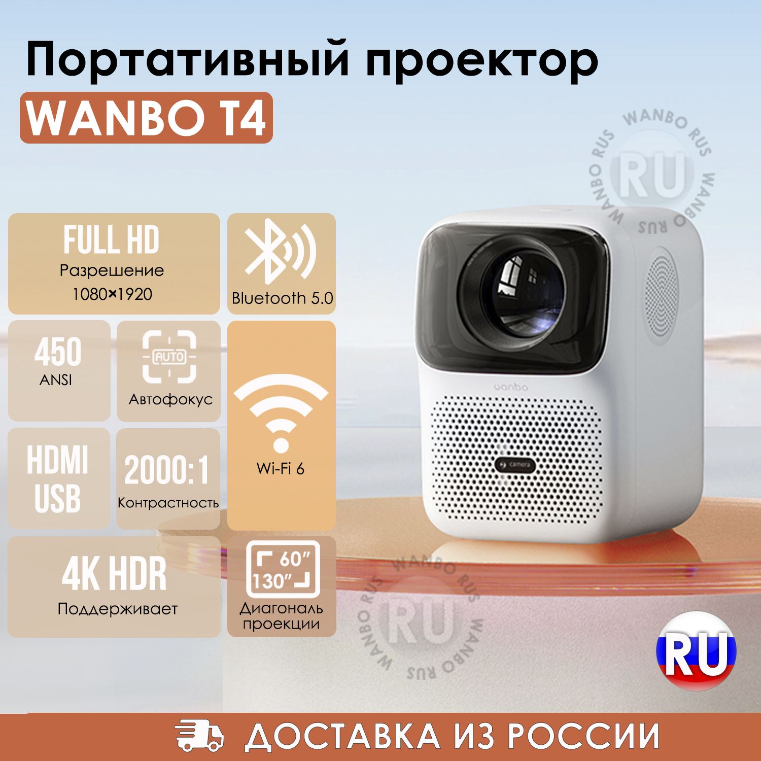 Проектор для фильмов портативный Wanbo T4 с яркостью 450 ANSI