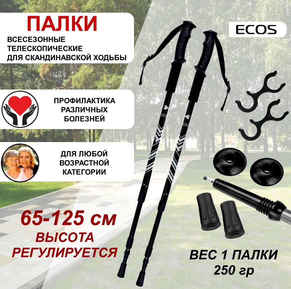 Палки для скандинавской ходьбы всесезонные ECOS Nordic Walking sticks алюминиевые, телескопические с ремешком, 3 секции, черные (светло-голубые полосы)