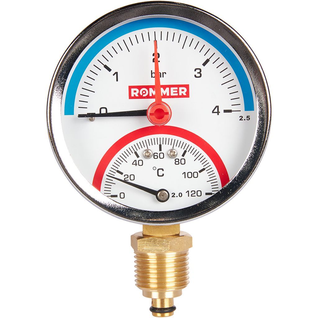 Термоманометр радиальный Rommer 80 мм, 0-4 бар, 1/2