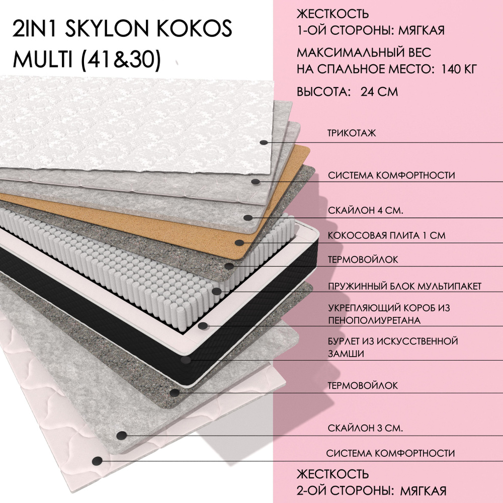 XMATRAS Матрас SkylonKokosMULTI(41&30), Независимые пружины, 160х200 см #1