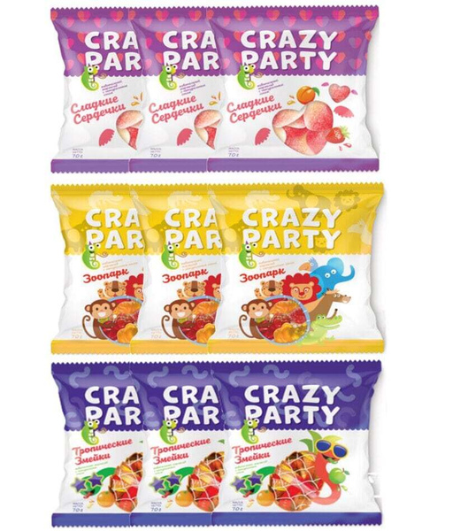 Мармелад жевательный Crazy Party 9 шт. х 70 г. (630 г.). Сердечки з шт ...