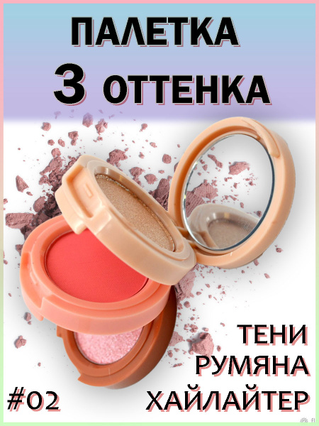 Палетка Cheek Heat , Румяна и хайлайтер 3 оттенка с зеркалом, стойкие ...