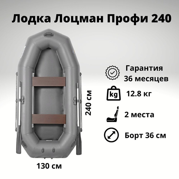 Лодка ПВХ надувная Лоцман Профи 240 (Серый), гребная для рыбалки ...