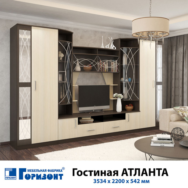 Гостиная "Атланта" Венге/Дуб беленый с зеркалами 3534 х 2200 х 542 мм ...