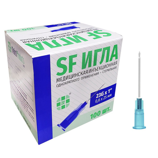 Игла инъекционная 23G (0,6 x 25 мм) SF Medical, Германия, 100 шт ...