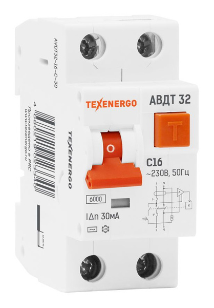 Дифавтомат АВДТ32 2Р С16 30мА Texenergo (дифавтомат, АВДТ)  по .