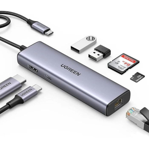 Мульти Хаб UGREEN CM512 (90568) USB-C to 2*USB3.0+HDMI+RJ45+SD&TF+PD ...