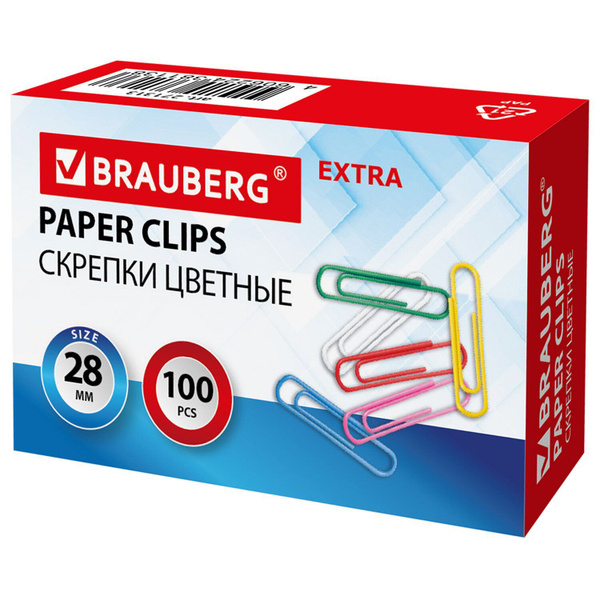 Скрепки канцелярские металлические набор Extra Brauberg 28 мм цветные ...