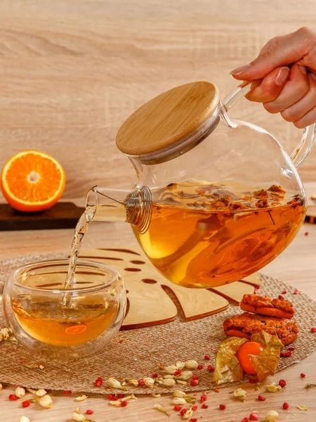 Чайник заварочный стеклянный с деревянной крышкой "TEA POT" объемом 1л ...