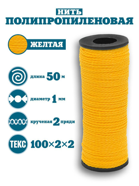 Нить кручёная синтетическая на катушке 1 мм Х 50 м желтая - купить с ...