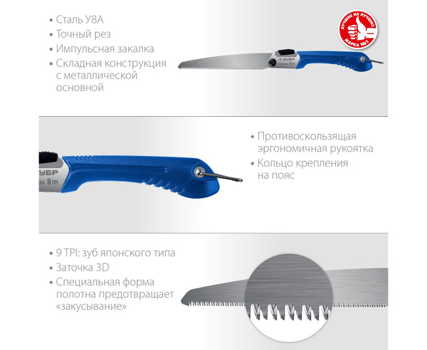 Ножовка ЗУБР ПОХОДНАЯ 9 205 мм, для быстрого реза сырой древесины ...