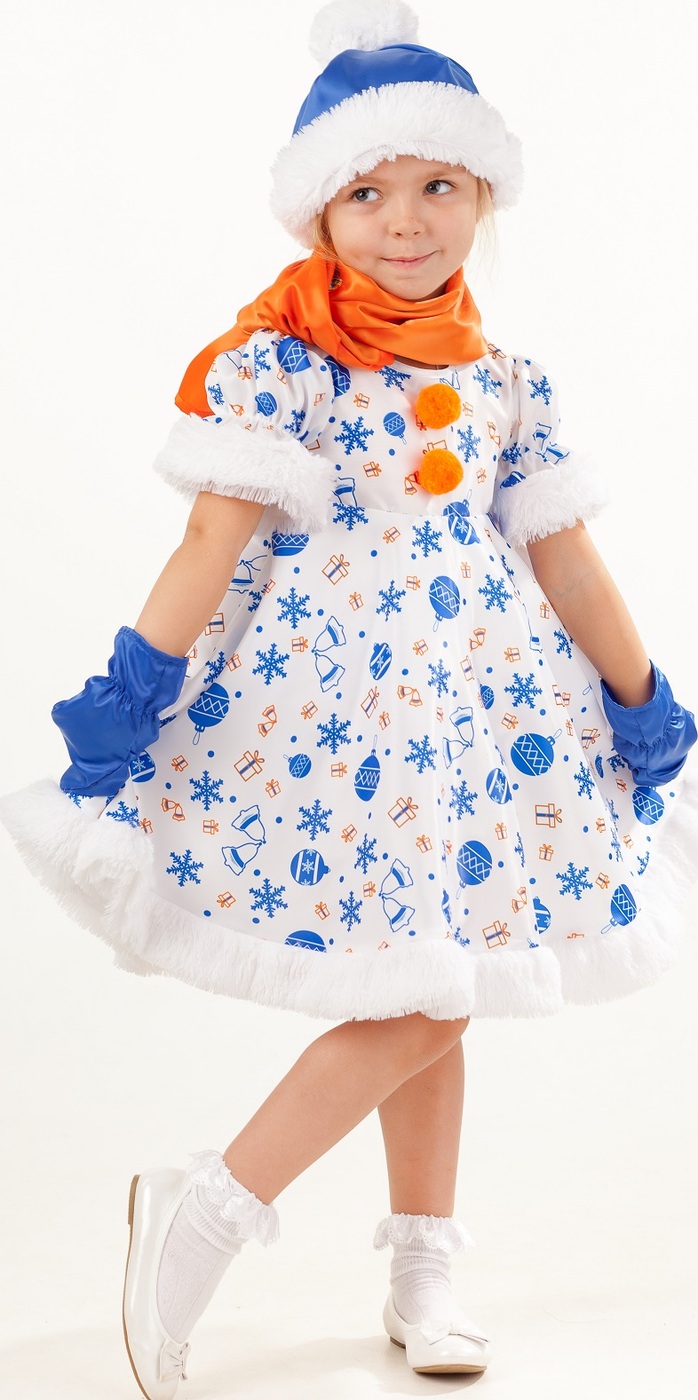 фото Карнавальный костюм Снеговик Снежана платье, варежки, шарф, шапка размер 128-64 Пуговка