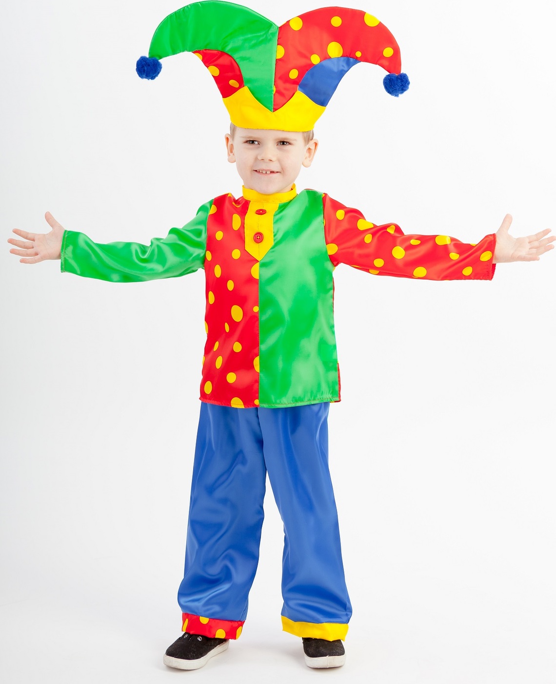 фото Карнавальный костюм Скоморох Гороховый рубашка, брюки, колпак размер 110-56 Пуговка