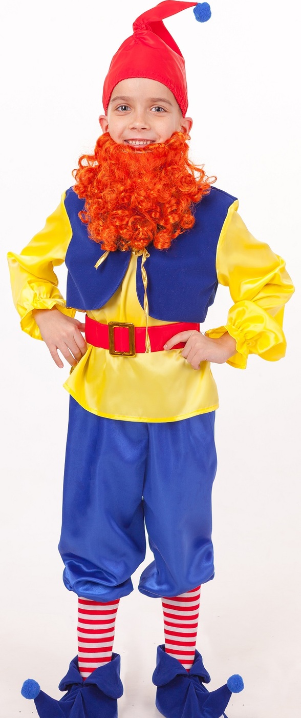 фото Карнавальный костюм Гном Тилли рубашка с поясом, брюки, башмачки, колпак, борода размер 116-60 Пуговка