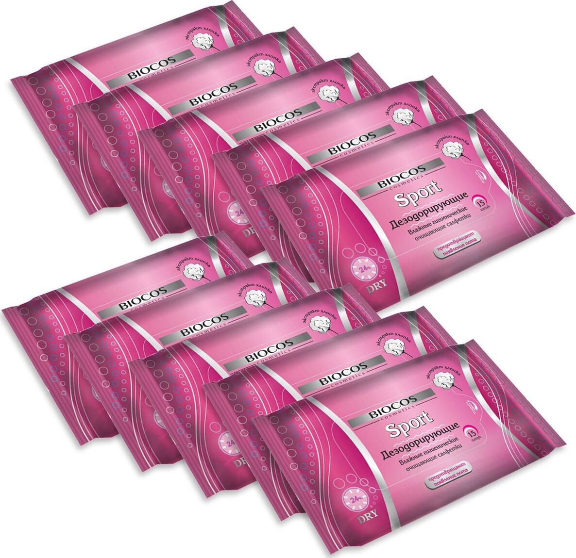 Влажные салфетки BioCos Sport, дезодорирующие, для женщин, 150 шт, 10 ...