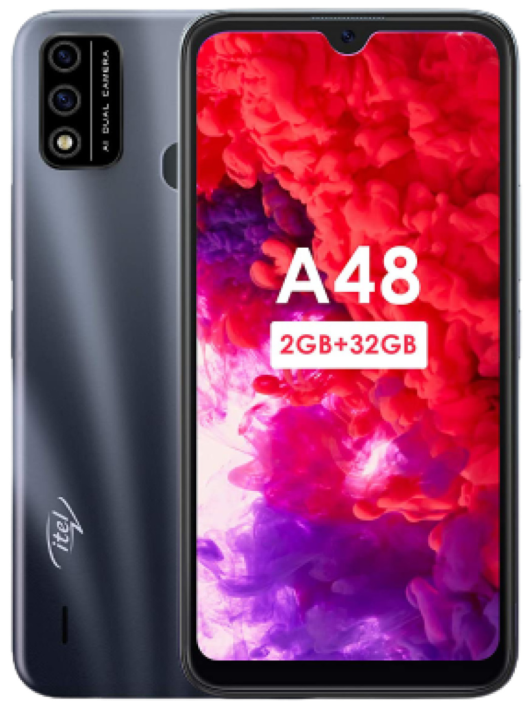 ITEL Смартфон Смартфон Itel A48 2/32Гб Черный, ядер - 4x(1.4 ГГц), 2 Гб, 2  SIM, IPS, 1560x720, камера 5+0.08 Мп, 4G, GPS, FM, 3000 мА*ч 2/, черный