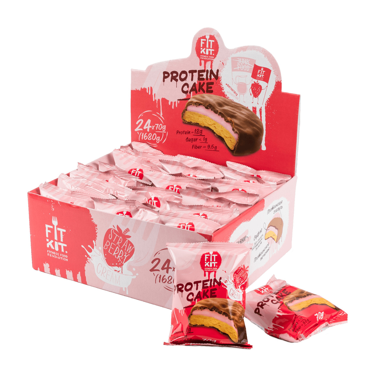 Протеиновое печенье с суфле Fit Kit Protein Cake 70 г х 24 шт Клубника ...