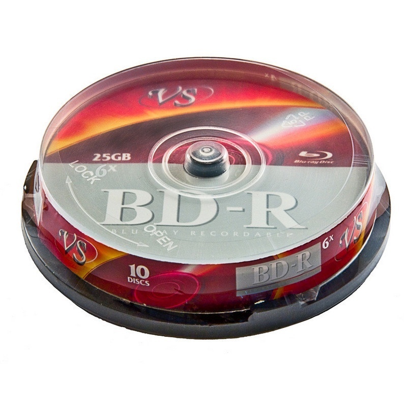 Компакт-диск VS Blu-ray BD-R, 25 гб, 6x, Cake box, 10 шт (VSBDR4CB1002)