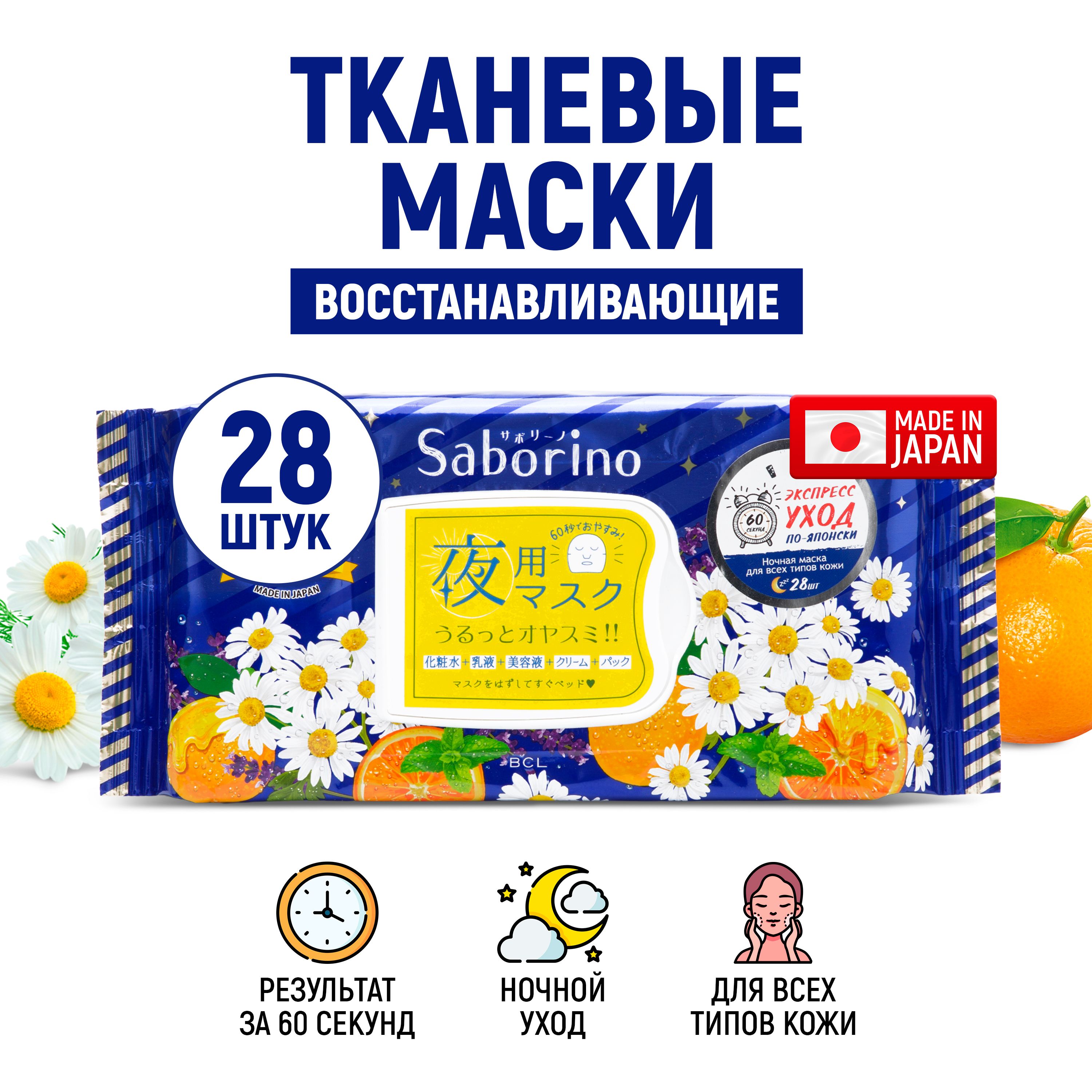 SABORINO Экспресс маски для лица тканевые (набор 28 шт) ночные 