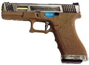 Пистолет WE GLOCK-17 G-Force металл слайд, TAN рамка, хром слайд, золоченый ствол