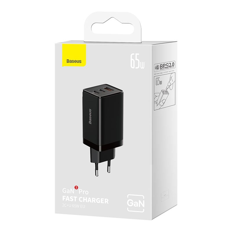 СетевоезарядноеустройствоBaseusGaN5Pro65WPD3.0,USB/2xUSB-C+Кабель(Type-C-Type-C),черный