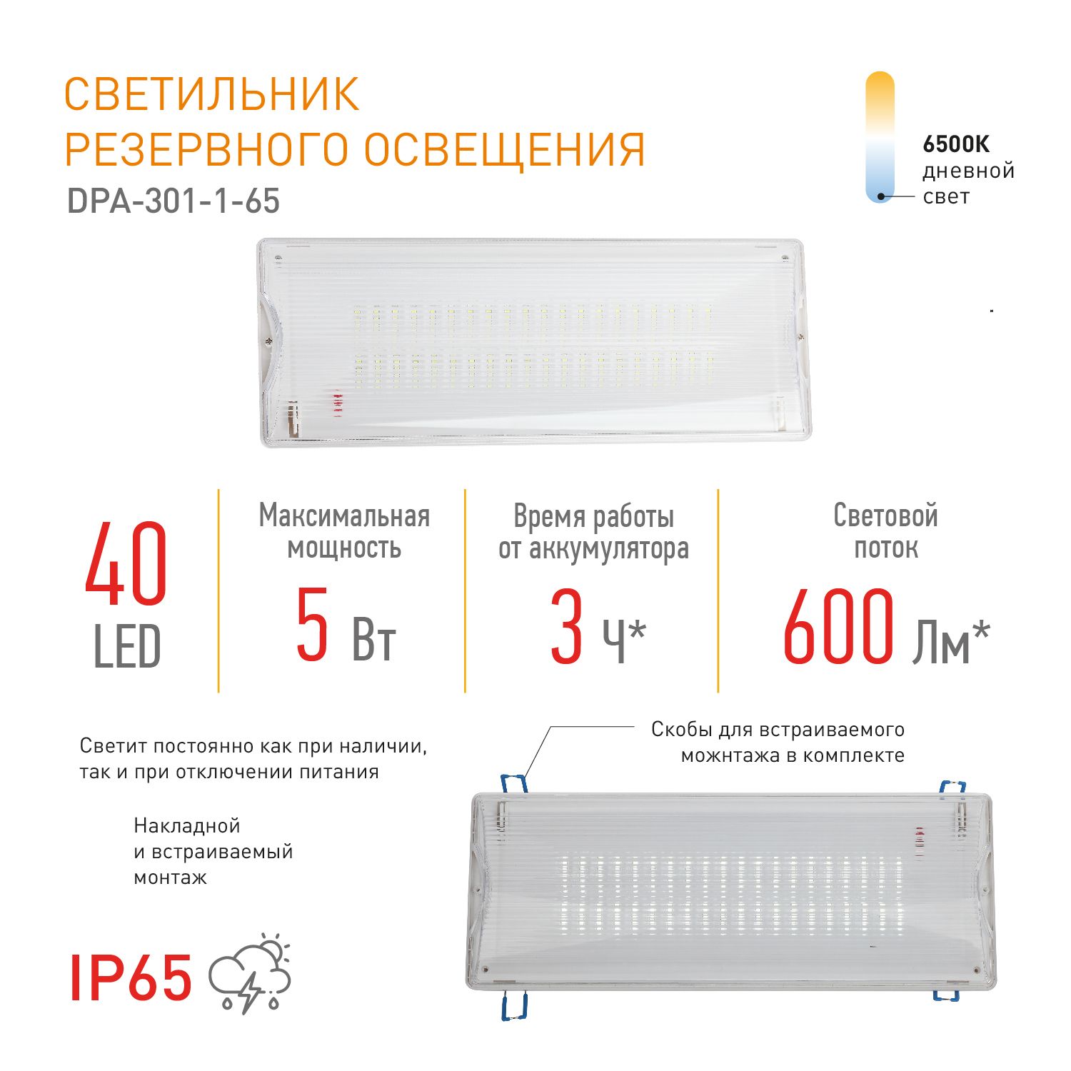 Светильник аварийный светодиодный уличный постоянный ЭРА DPA-301-1-65 40LED 3ч IP65 / Фонарь для эвакуации аккумуляторный автономный