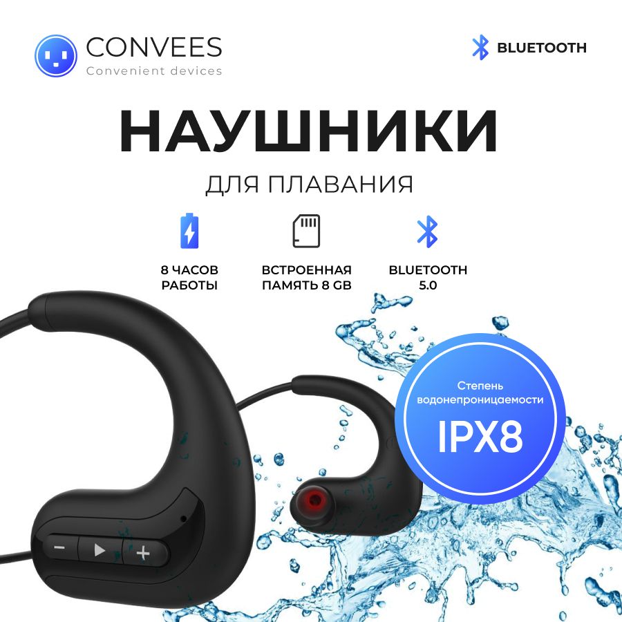 Bluetooth-гарнитура Convees Водонепроницаемые наушники для плавания со  встроенным Мр-3 плеером 8GB - купить по выгодной цене в интернет-магазине  OZON (455360118)