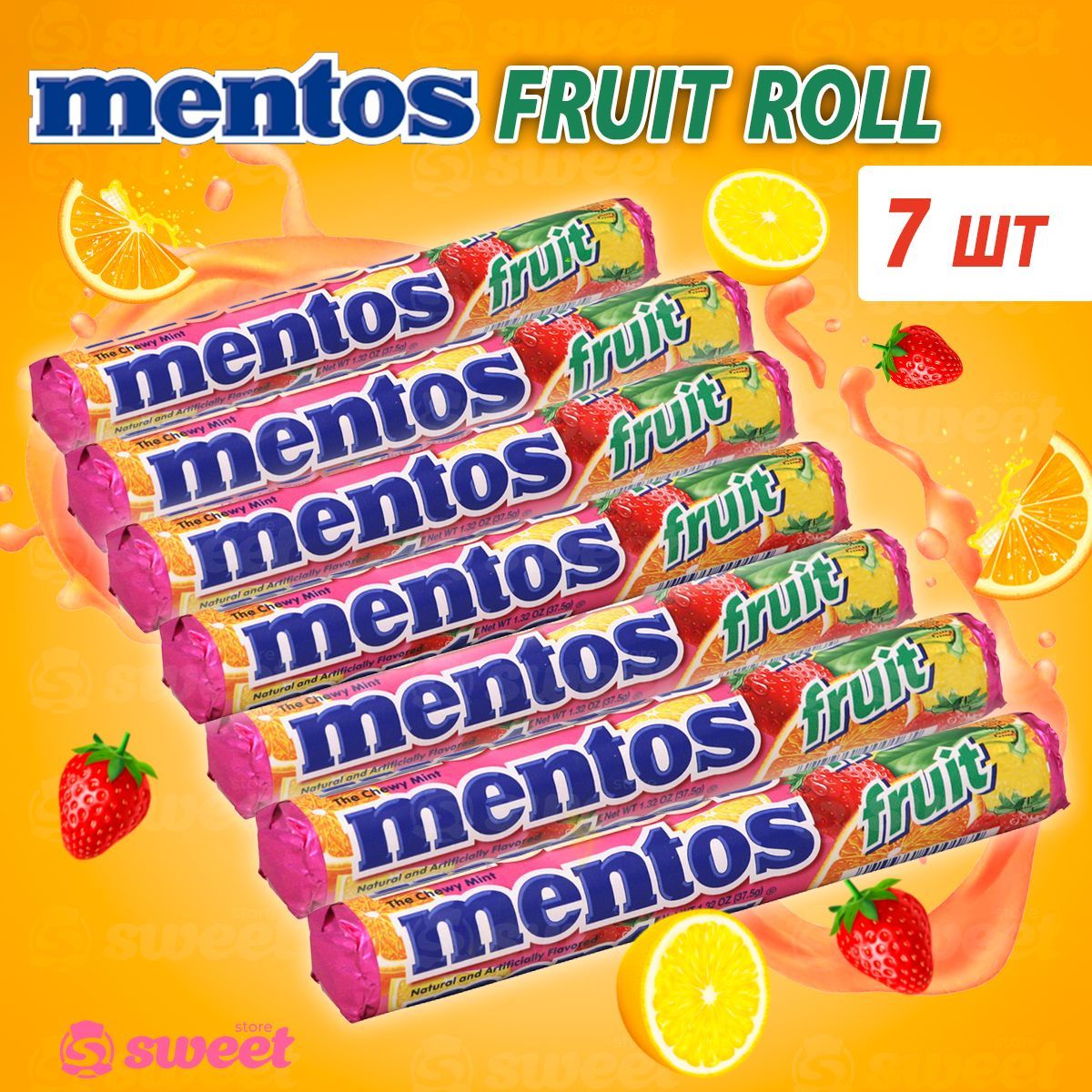 Драже жевательное Mentos Roll Fruit 7шт по 29гр ассорти фруктовых вкусов (Индонезия)