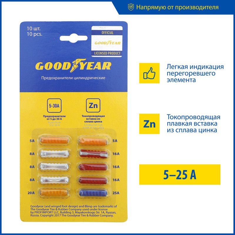 Предохранители Goodyear. Предохранитель в пластиковом корпусе. 106203 Набор цилиндрических предохранителей, набор 10шт., AUTOSTANDART. Виды круглых предохранителей.