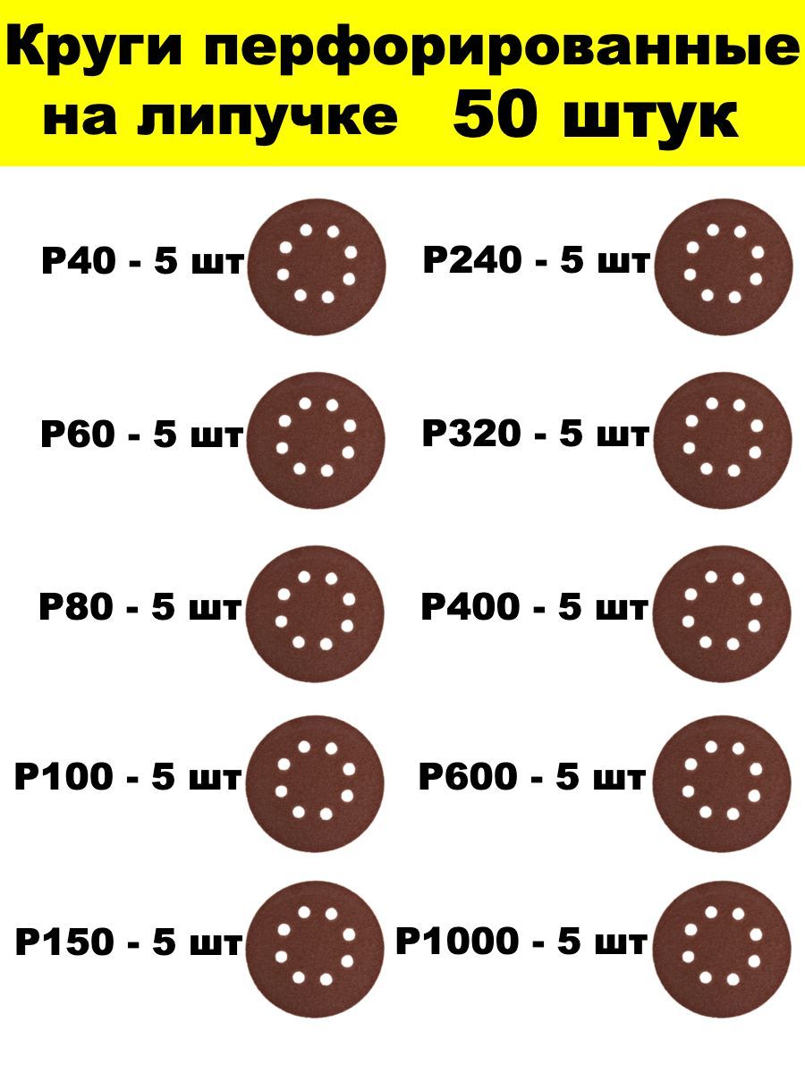 Круг перфорированный 125мм 50 штук Р40 Р60 Р80 Р100 Р150 Р240 Р320 Р400 Р600 Р1000 набор 10 зернистостей