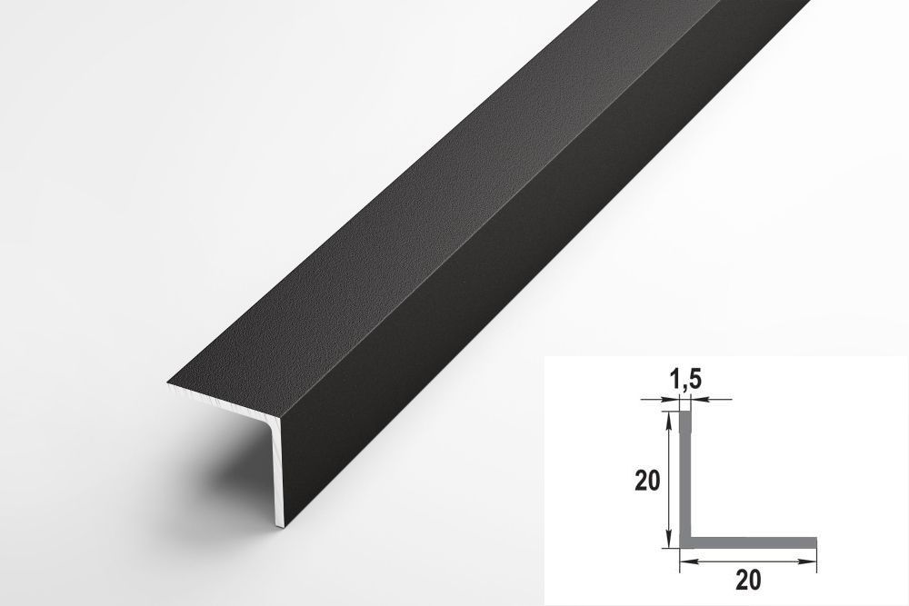 Уголок алюминиевый 20x20 мм, длина 2,7 м, профиль угловой внешний Лука УП 06-27, окрас черный 015