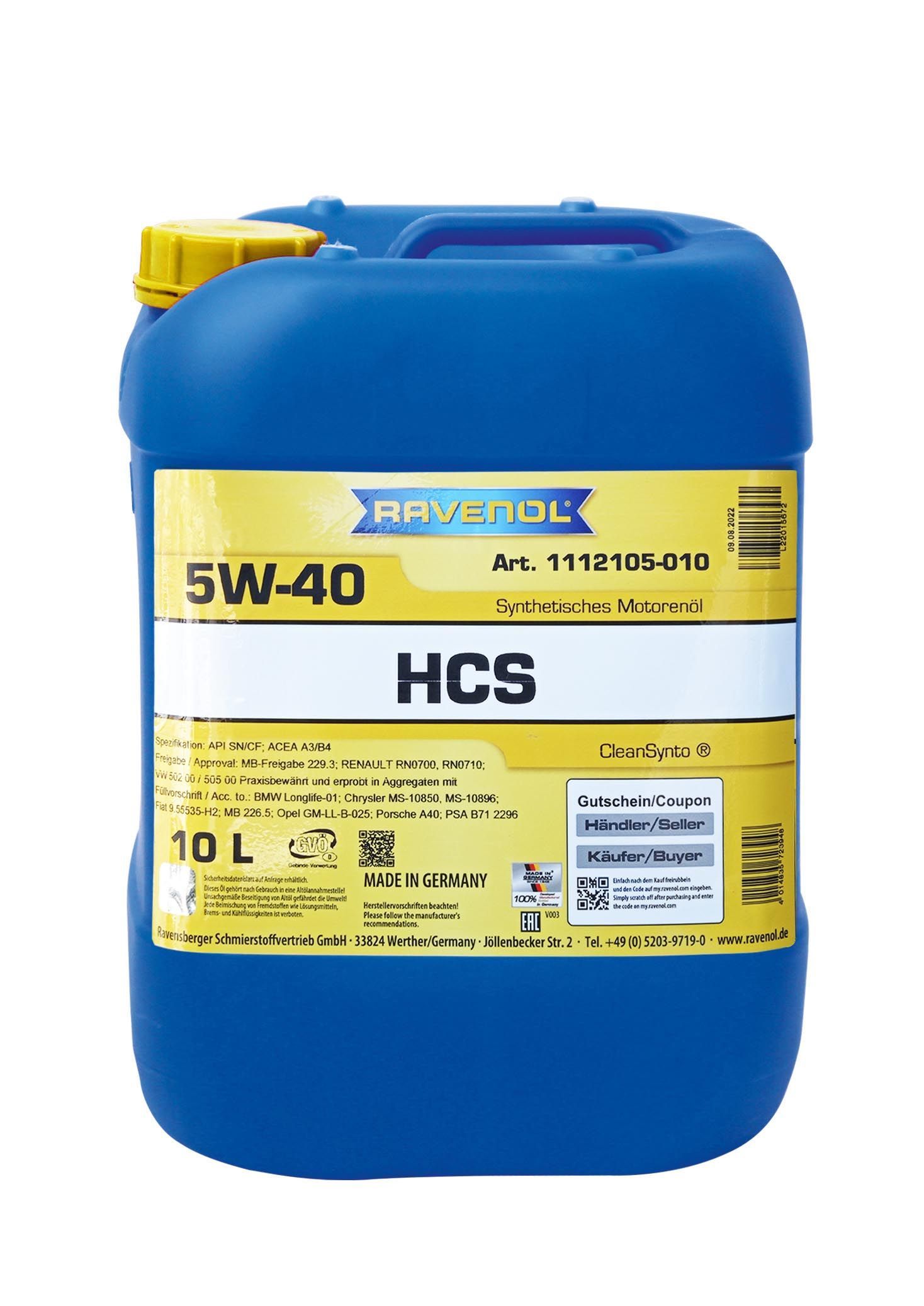 RAVENOLHCS5W-40Масломоторное,Синтетическое,10л