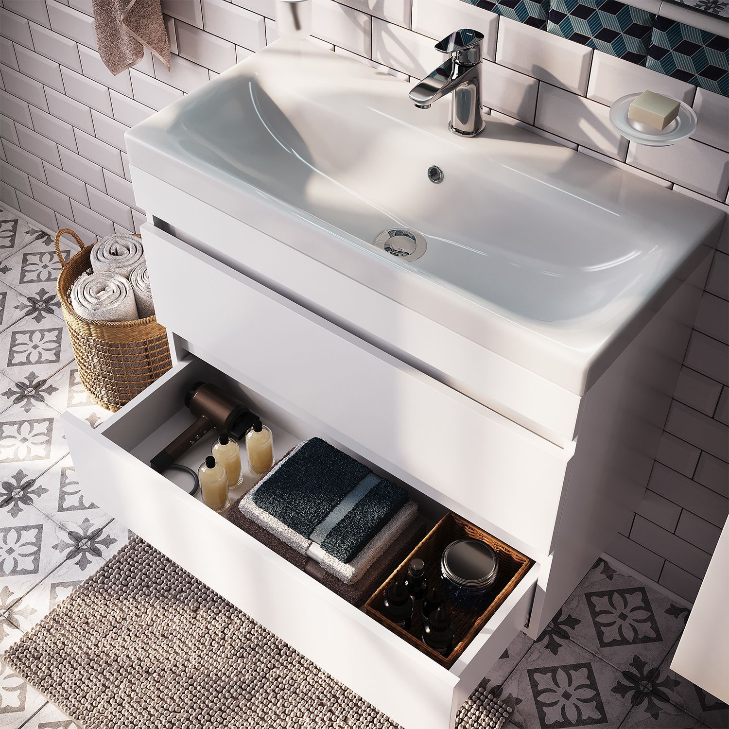 Фото товара на маркетплейсе ozon Тумба для ванной с раковиной, подвесная, с ящиками, белая, 80 см, IDDIS, Zodiac, ZOD8CB0i95K