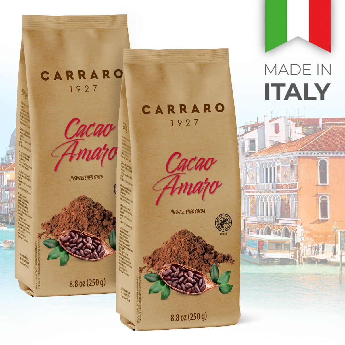 Растворимое какао Carraro Cacao Amaro 250 гр, набор 2 шт