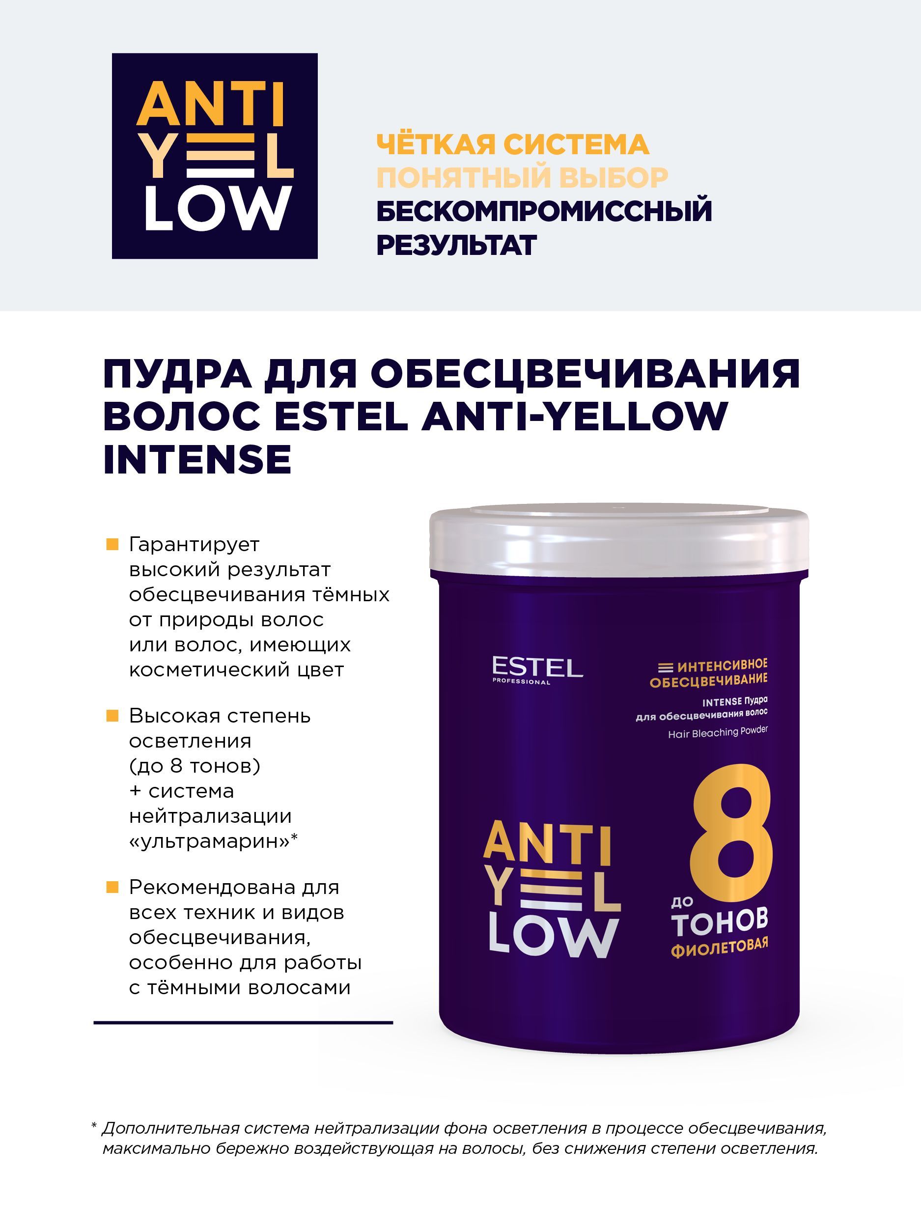 Estel Anti-Yellow INTENSE Пудра для обесцвечивания волос до 8 тонов 500 г.