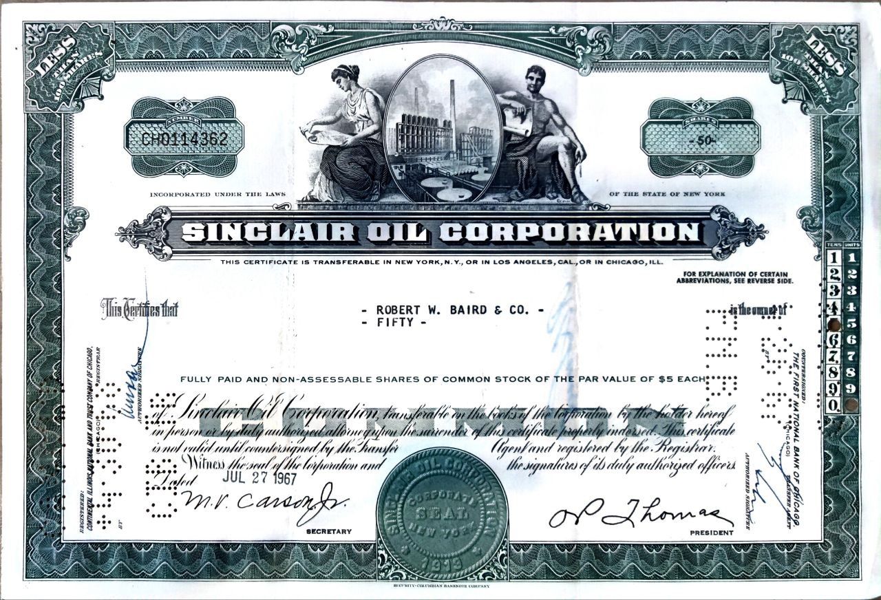 Нефтяная компания "Sinclair Oil Corp.". Ценная бумага номиналом в 50 акций по 5 долларов каждая. 1967 г.