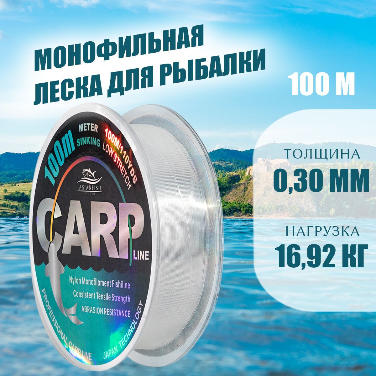 ASIANFISH Монофильная леска для рыбалки, размотка: 100 м, толщина: 0.3 мм