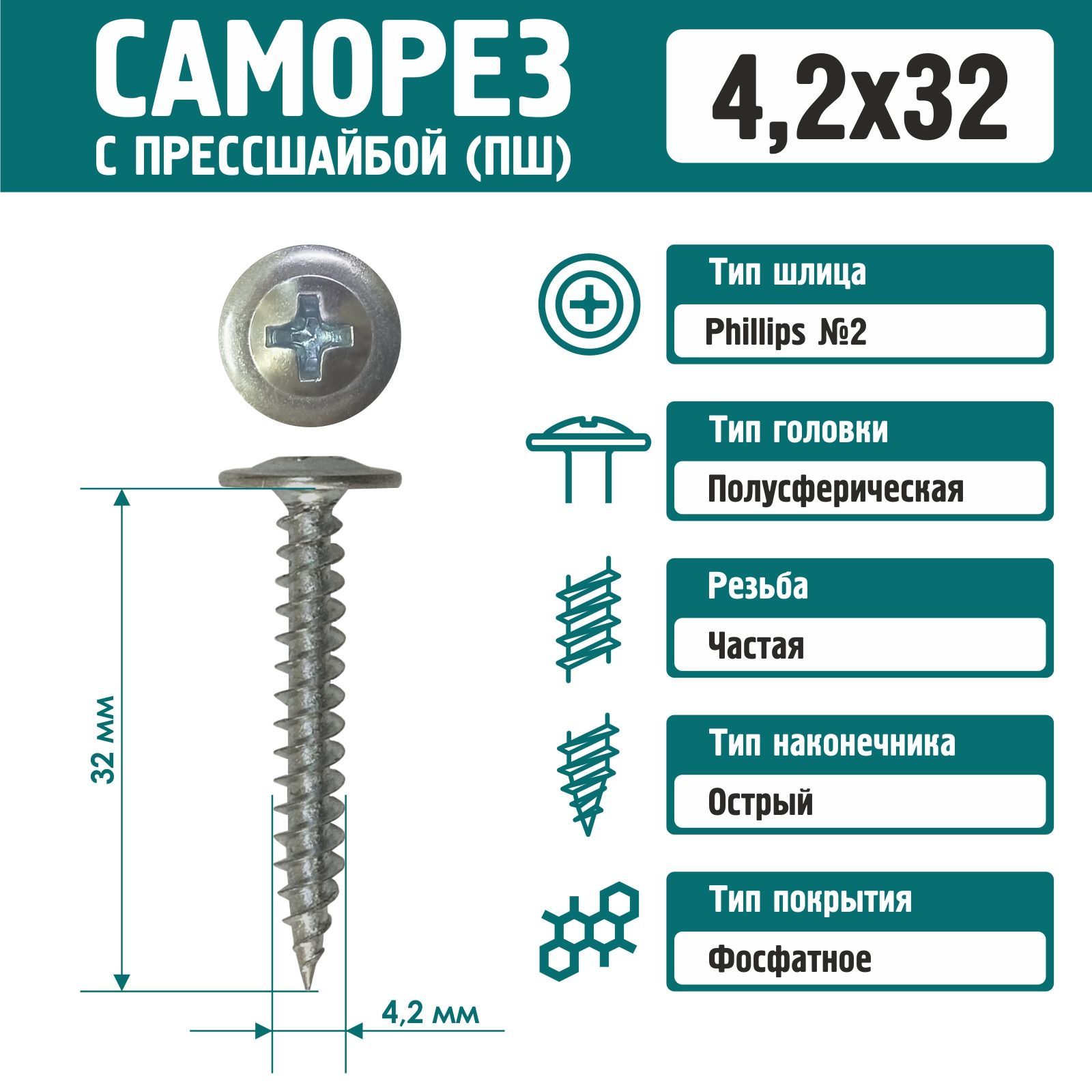 Саморез Rizzel с пресшайбой острый 4,2х32 цинк (500 шт)