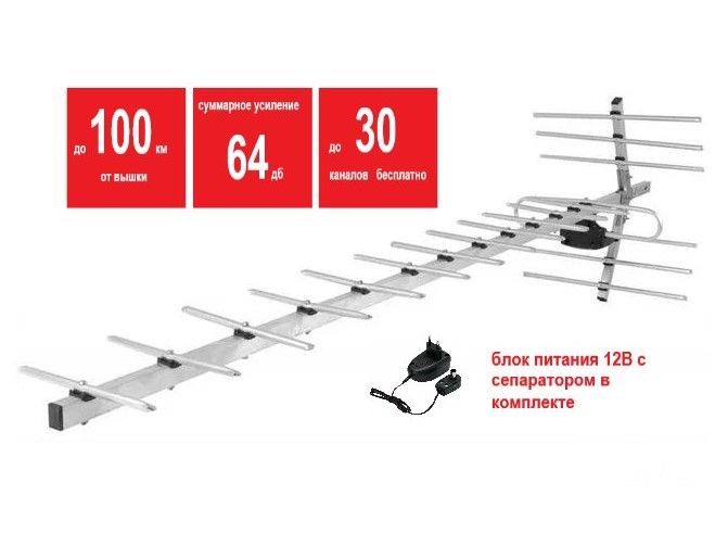 Эфирная ТВ антенна Мир 19 (до 100км прямой видимости) для приёма цифровых каналов с усилителем 7777Lux и блоком питания