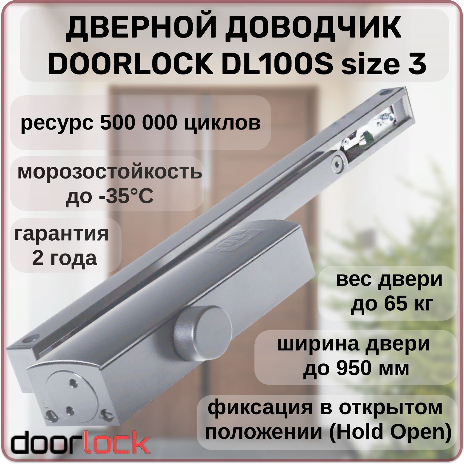 ДоводчикдвернойDoorlockDL100Sморозостойкий,уличный,длякалитки,до65кгсфиксациейвоткрытомположении