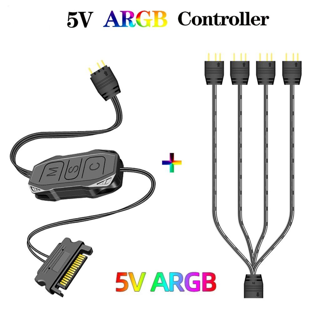 Контроллер для RGB подсветки с кнопкой, 5v 3pin ARGB, питание SATA/Удлинительный кабель 5VARGB