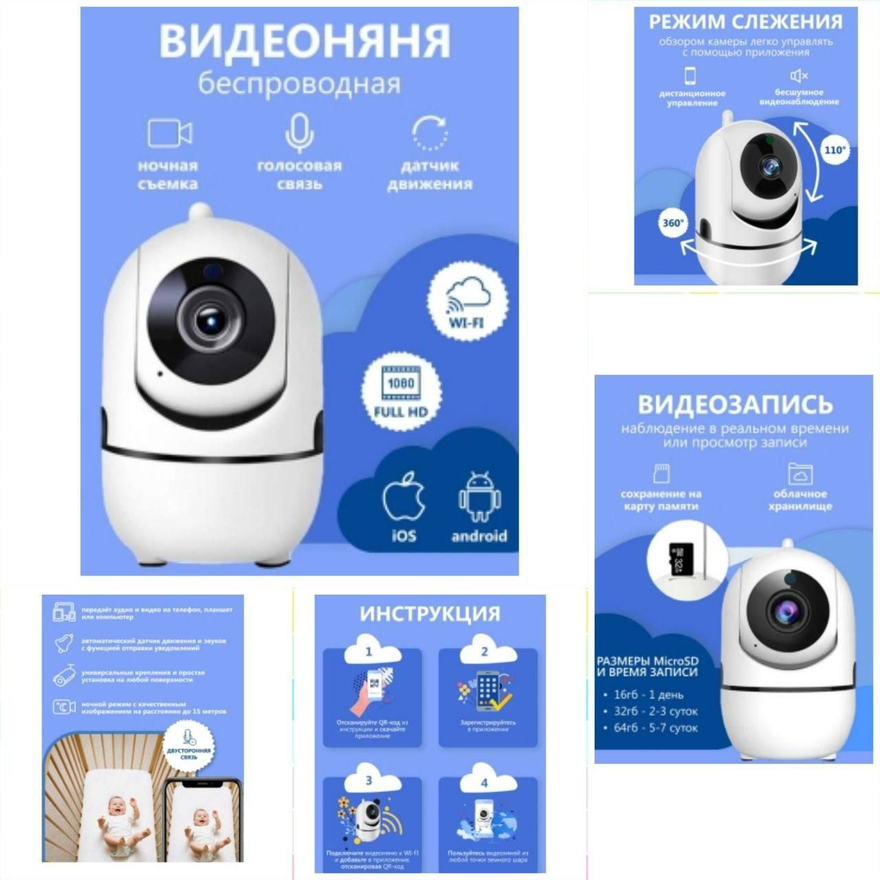 Камера видеонаблюдения Wi-Fi Видео-Няня Smart Net Camera для дома офиса  беспроводная поворотная с уголом обзора 360 поддержкой карт памяти до 128Гб