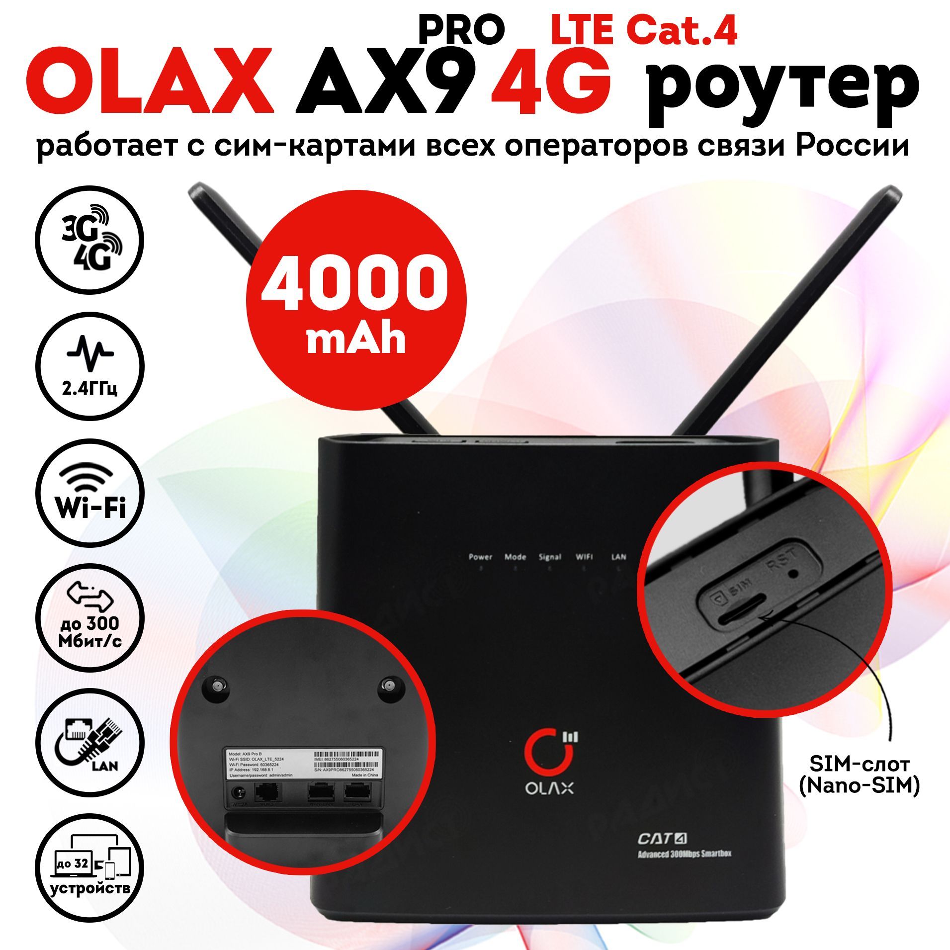 Роутер OLAX AX9 Pro WiFi-роутер 3G 4G LTE с аккумулятором 4000мАч