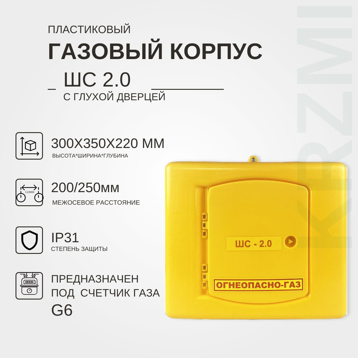 Газовый корпус ШС-2.0 пл. с глухой дверцей KRZMI, под счетчик газа G6, с межосевым расстоянием 200/250мм. ВхШхГ: 300х350х220мм.