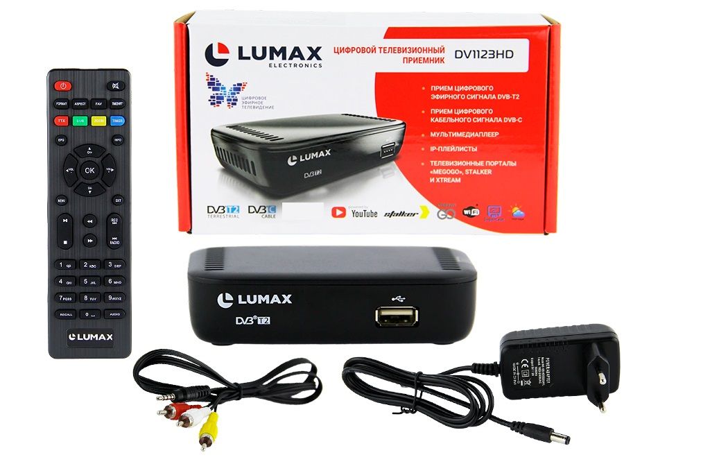 Цифровая ТВ приставка LUMAX DV1123HD, поддержка DVB-T2/С, бесплатно от 20 каналов, тв тюнер, медиаплеер, IPtv, SuperCast